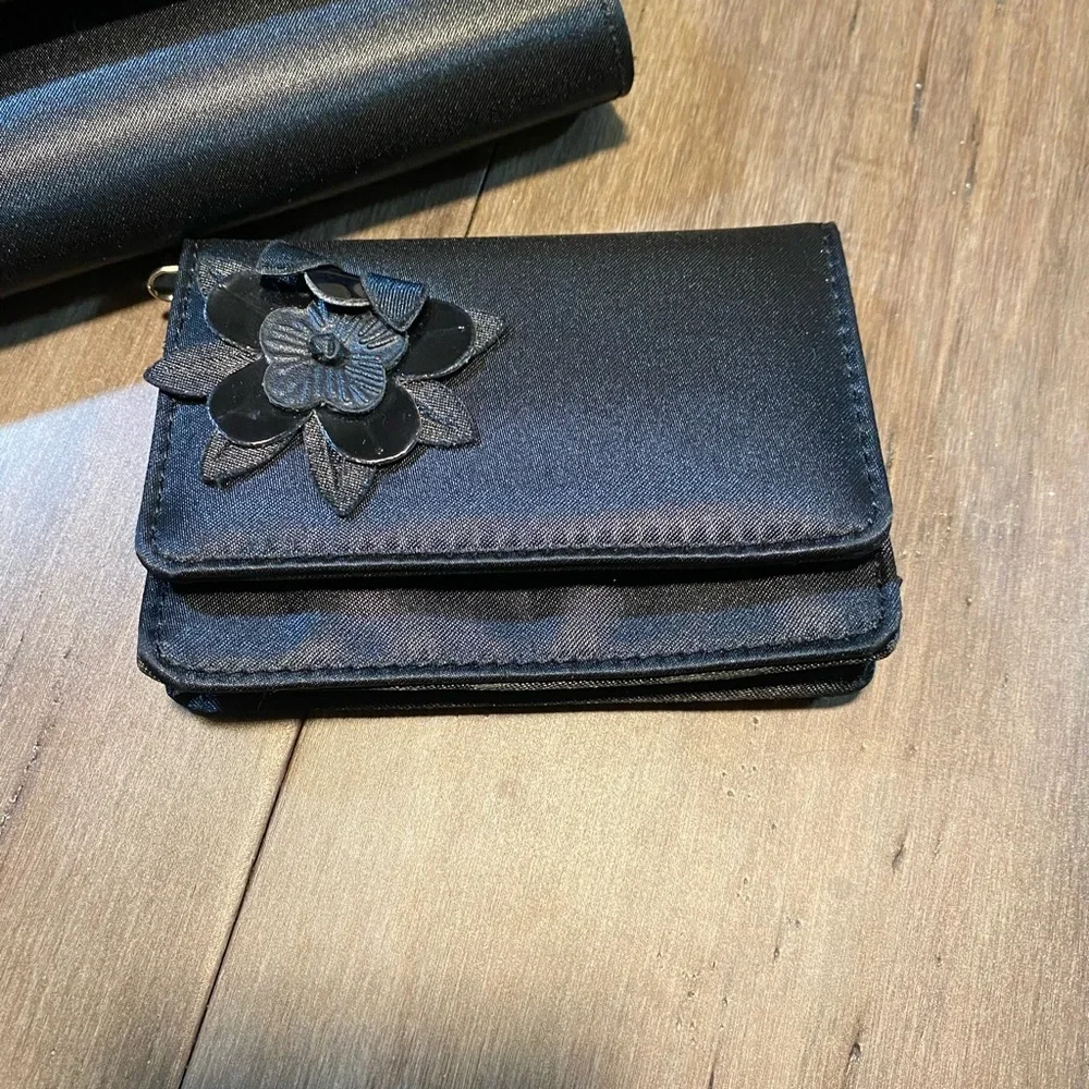 Vintage hand bag clutch and wallet‎ set black with flower